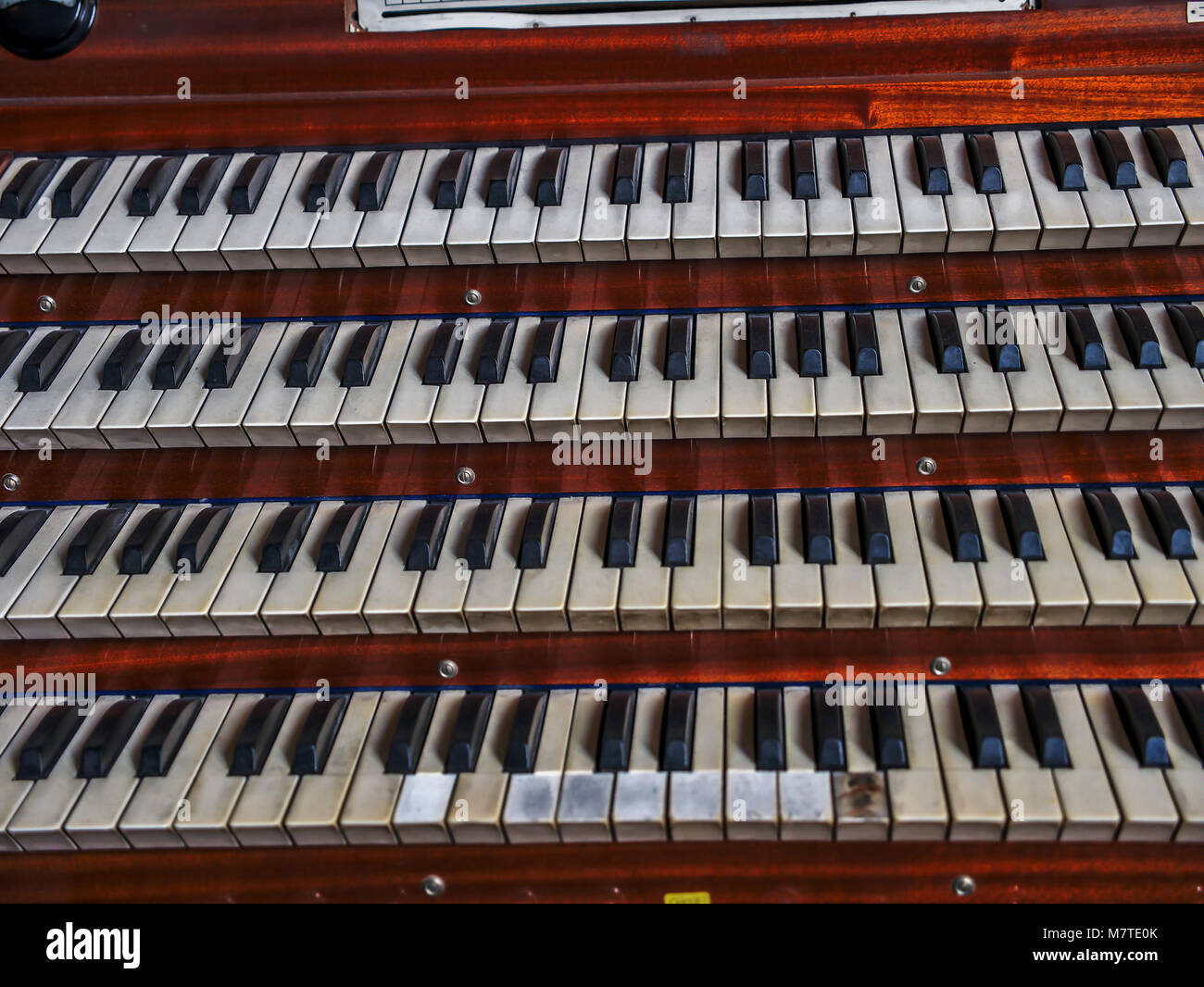 Closeup of old great organ manual Stock Photo