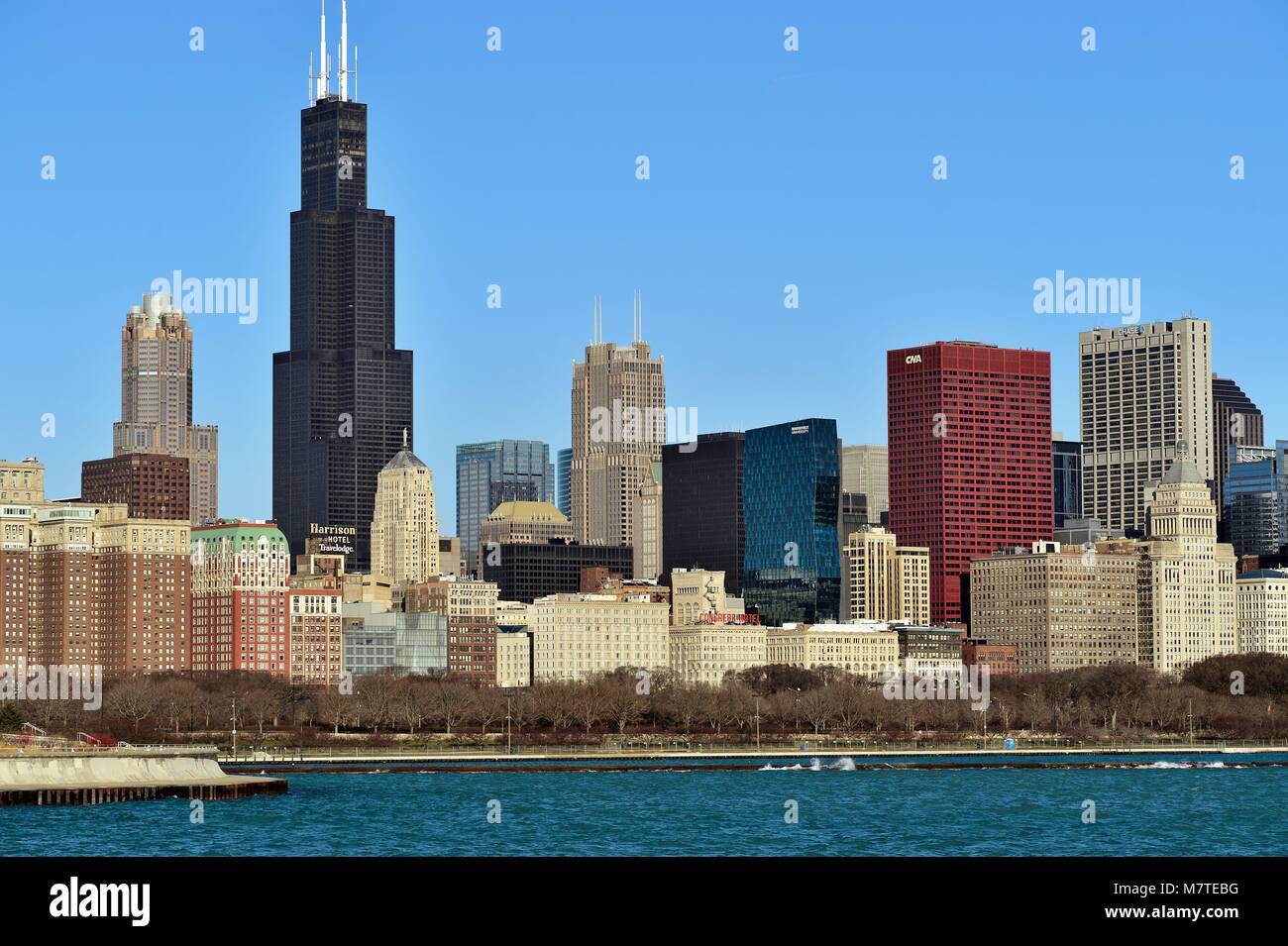 Chicago, Illinois, USA. A portion of the Chicago skyline as seen from the Museum Campus just south of downtown on a bright late winter day. Stock Photo