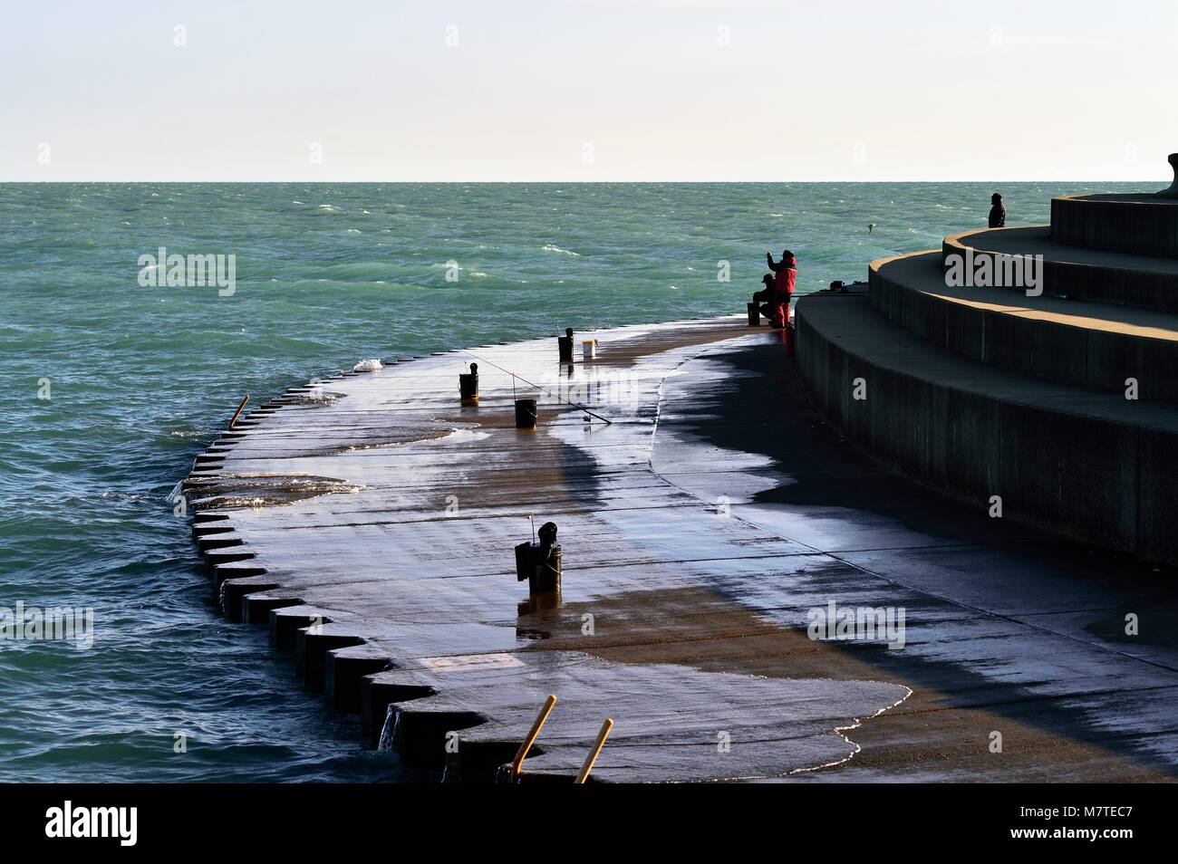 Chicago, Illinois, USA. Fishermen testing the waters of Lake Michigan
