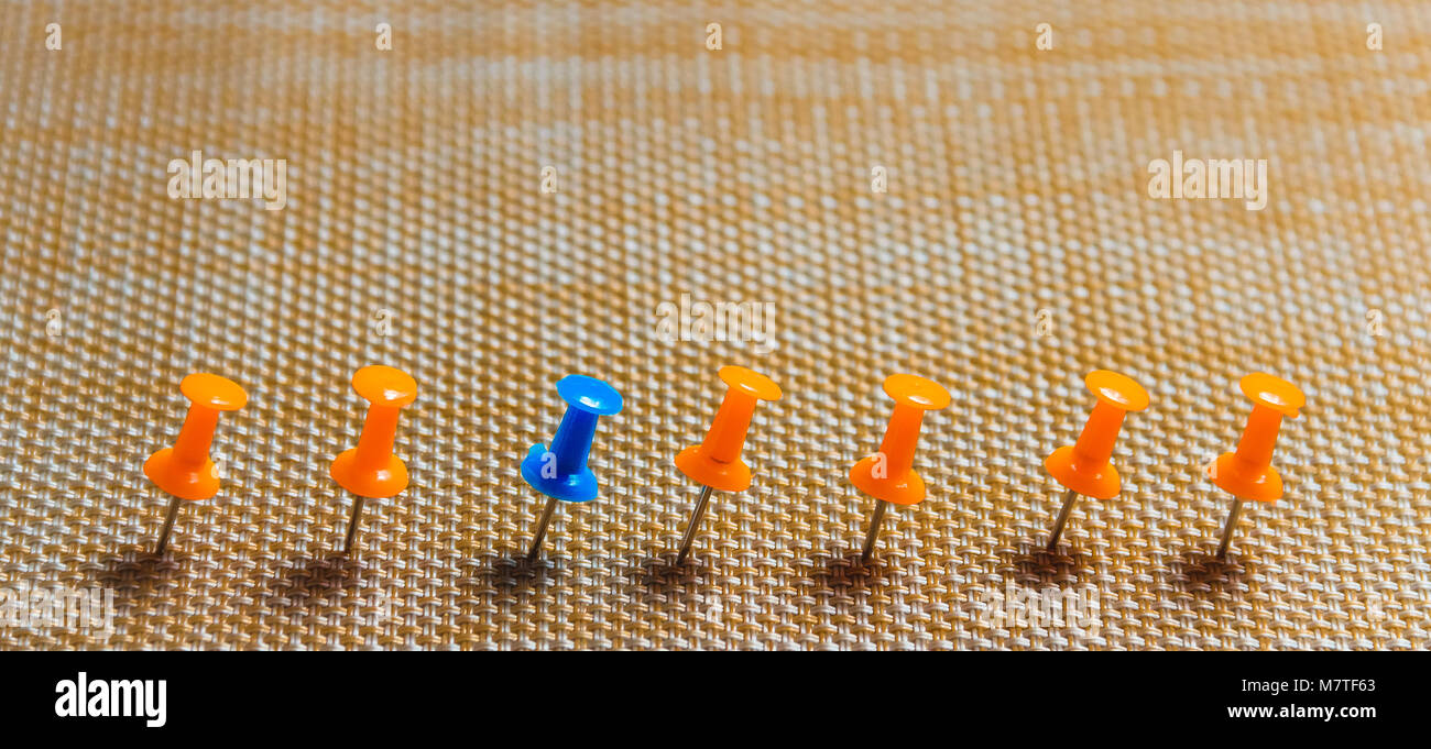 Stationary, Blue Pushpin in Row with Orange, Concept for Difference, Individuality, Leadership. Copy Space. Banner. Stock Photo