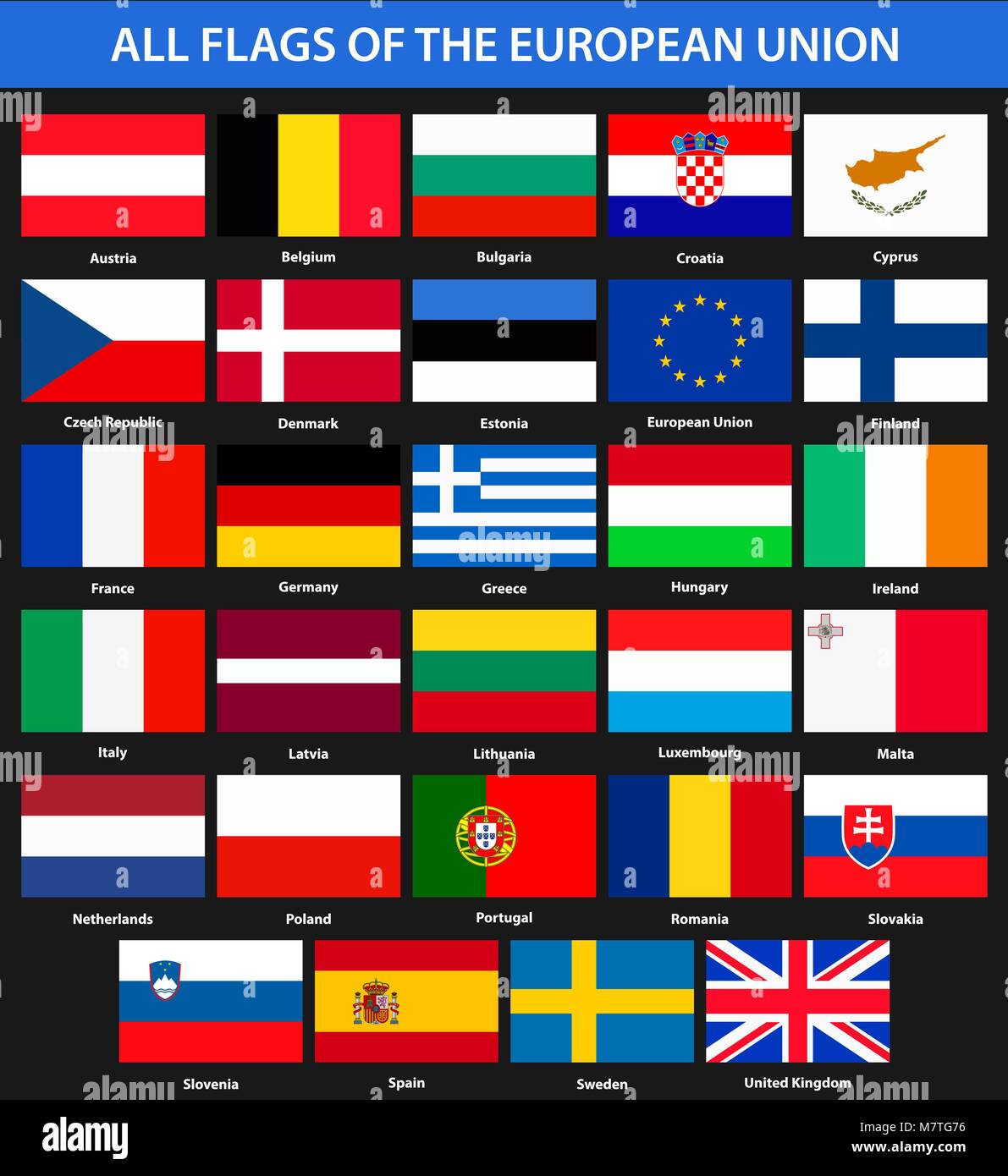 All flags of the countries of the European Union. Flat style. Stock Vector