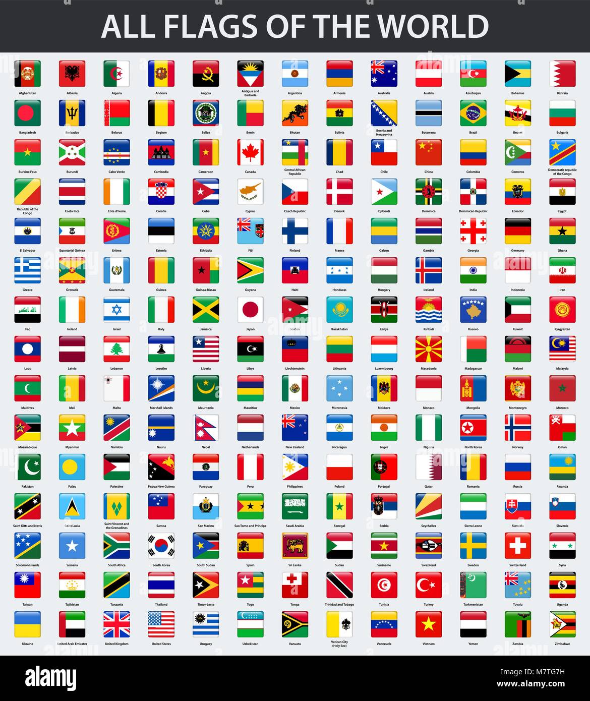 All flags of the world in alphabetical order. Square glossy style Stock Vector