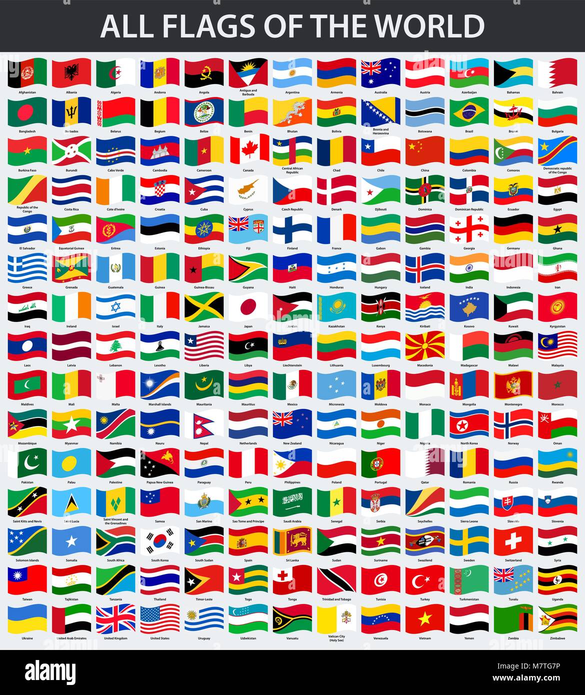 All flags of the world in alphabetical order. Waving style Stock Vector