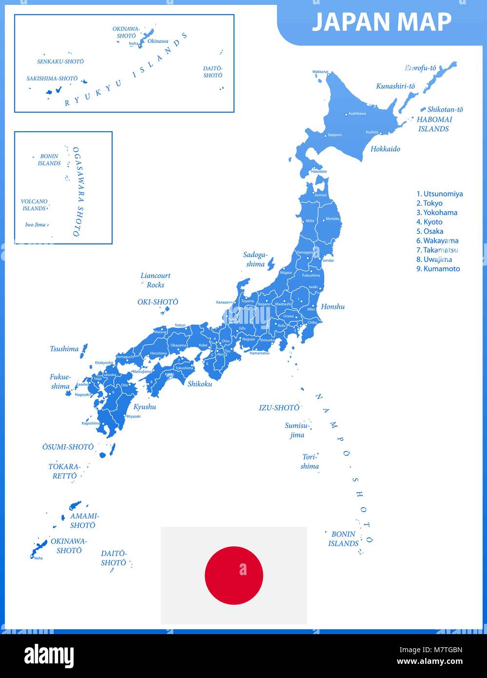 The detailed map of the Japan with regions or states and cities, capitals Stock Vector