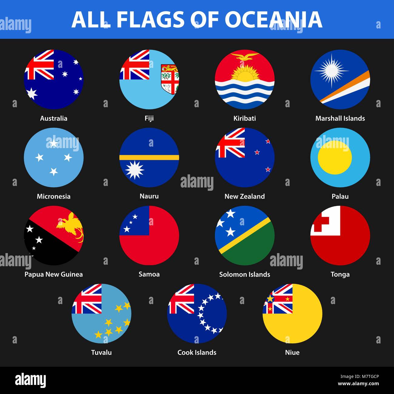 Set of all flags of the countries of Oceania. Flat style Stock Vector