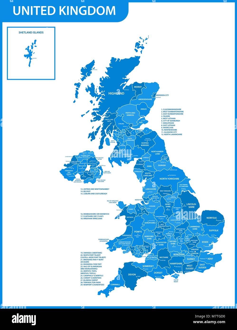 The detailed map of the United Kingdom with regions or states and cities, capitals. Actual current relevant UK, Great Britain administrative devision. Stock Vector