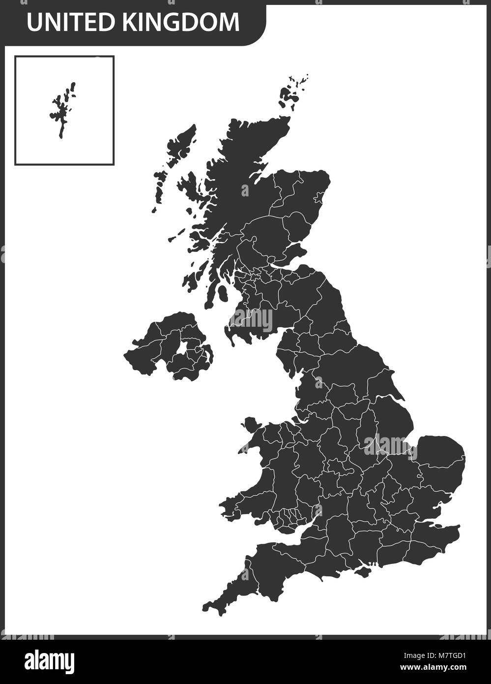 The detailed map of the United Kingdom with regions or states. Actual current relevant UK, Great Britain administrative devision. Stock Vector