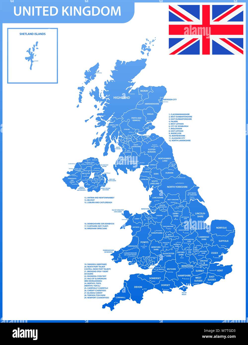 The detailed map of the United Kingdom with regions or states and cities, capitals. Actual current relevant UK, Great Britain administrative devision. Stock Vector