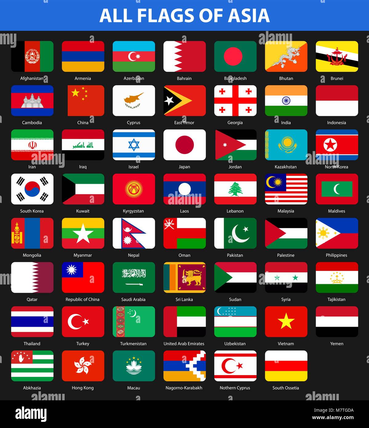 All flags of the countries of the Asia. Flat style Stock Vector