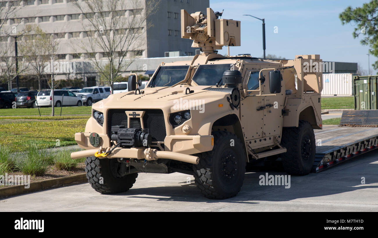 The Joint Light Tactical Vehicle is showcased for Marines after an executive brief at Marine Forces Reserve, New Orleans, La., March 9, 2018. The JLTV, manufactured by Oshkosh Defense, is finding it’s new home with the Marine Corps Reserve as the successor to the Humvee, which has served the U.S. armed forces for over three decades. The Marine Corps will be introducing the new tactical vehicle into circulation as early as the beginning of 2019 for the active component and will be fielded to the reserve component in 2021. (U.S. Marine Corps photo by Sgt. Adwin Esters) Stock Photo