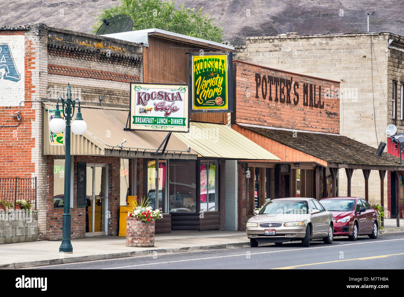 Shops on Main Street in Kooskia, Northwest Passage Scenic Byway, Idaho, USA Stock Photo