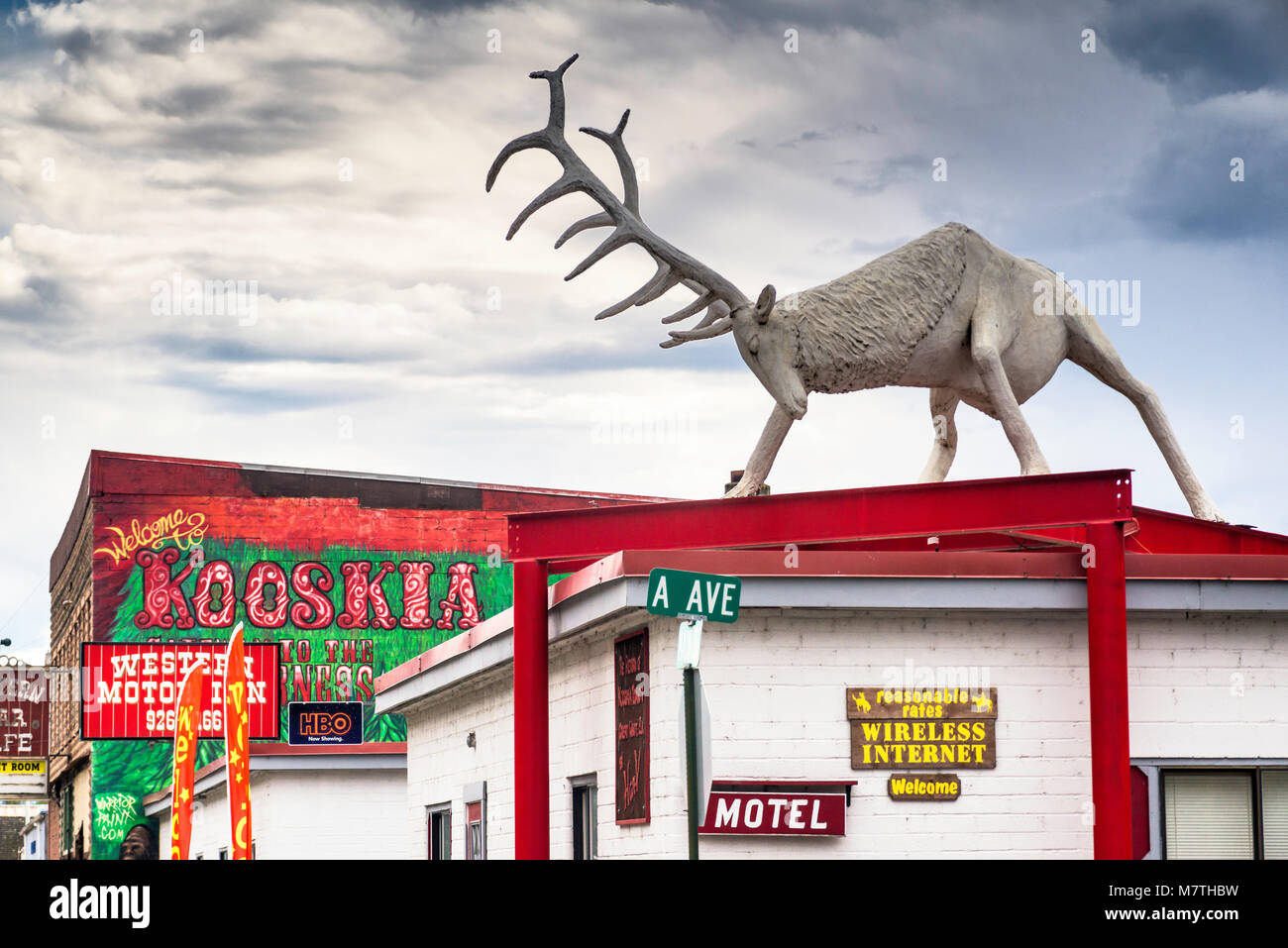 Figure of deer on motel roof at Main Street in Kooskia, Northwest Passage Scenic Byway,  Idaho, USA Stock Photo