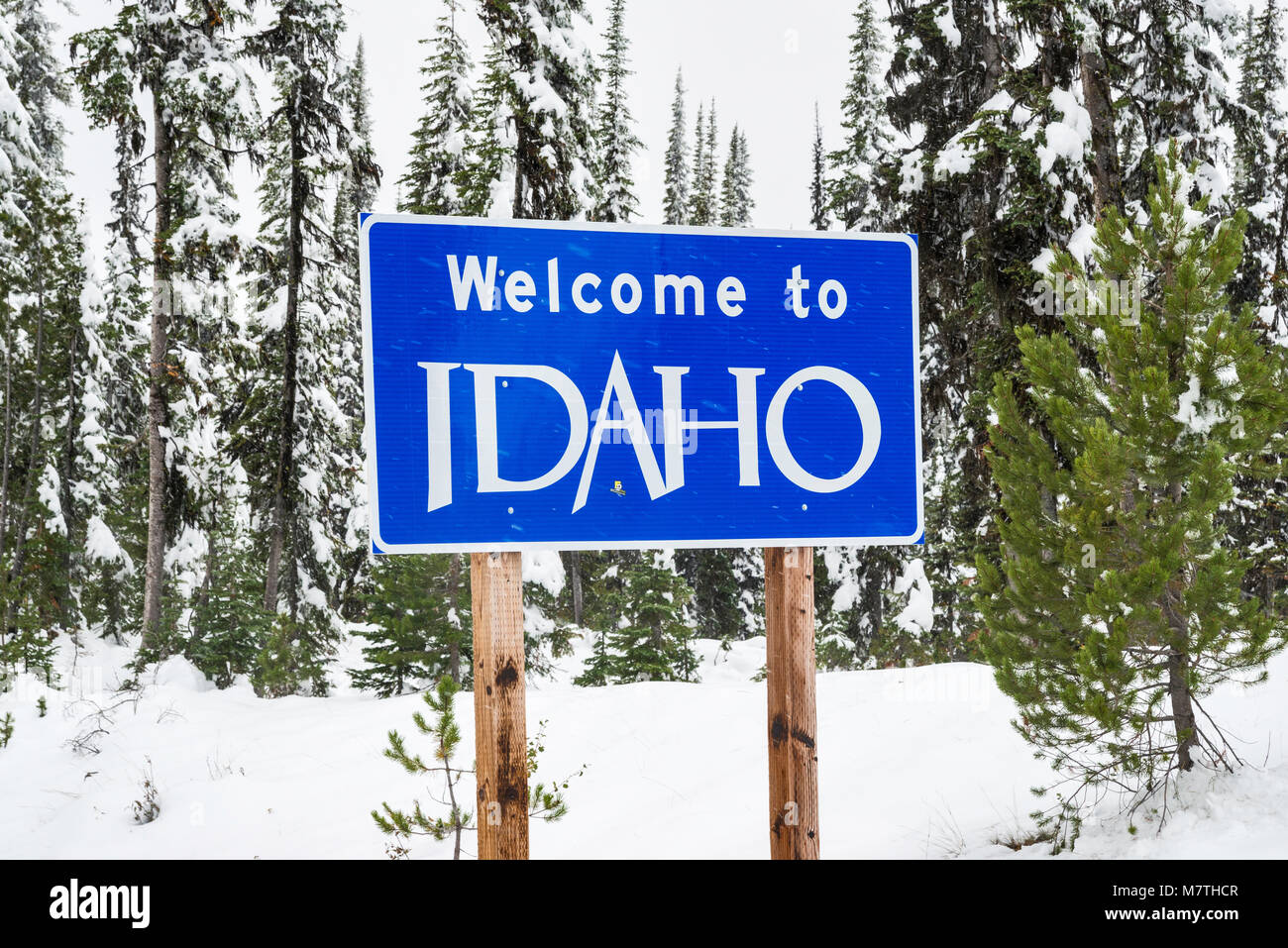 Idaho sign with snow falling in winter on road at Lost Trail