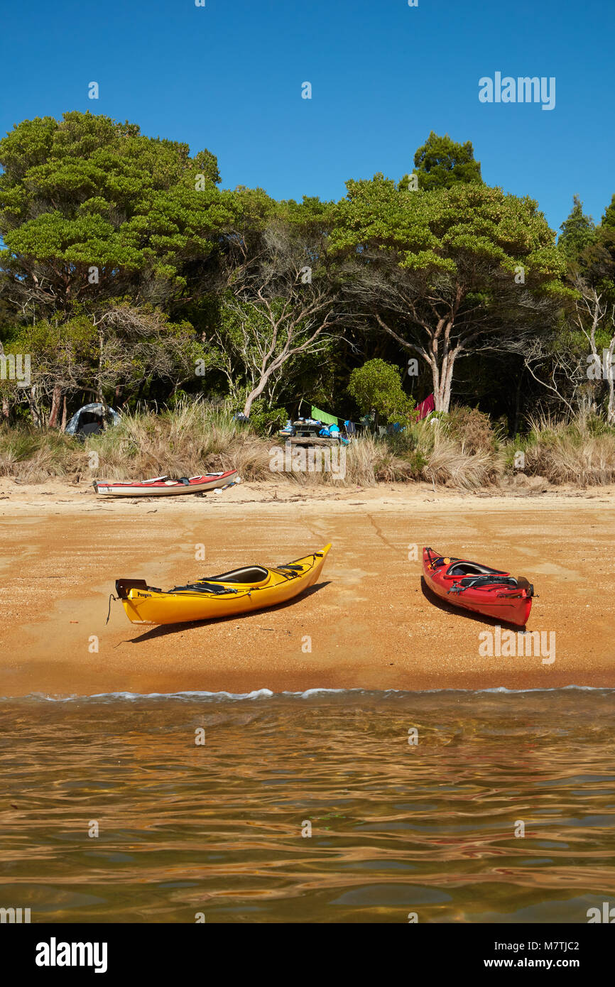 Kayaks and campsite, Te Pukatea Bay, Abel Tasman National Park, Nelson Region, South Island, New Zealand Stock Photo