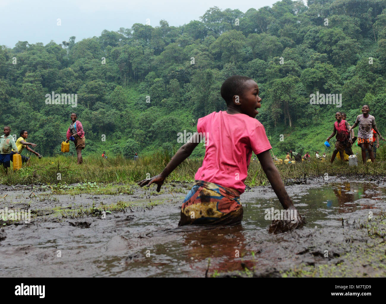 Congolese villagers fill their water supply from this Muddy pond. The only good water source they have. Stock Photo