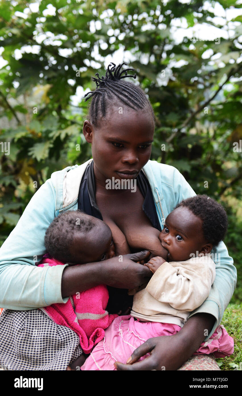 A Congolese woman breastfeeding her twins. Stock Photo