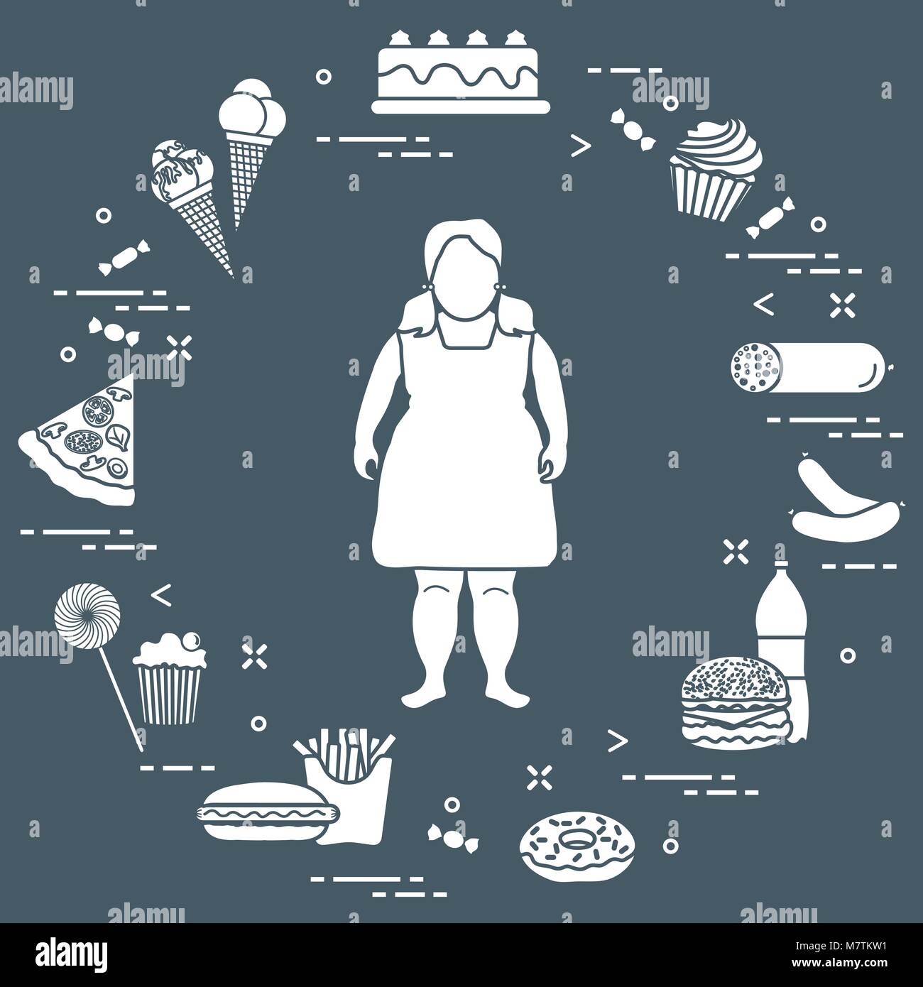 Fat girl with unhealthy lifestyle symbols around her. Harmful eating habits. Design for banner and print. Stock Vector