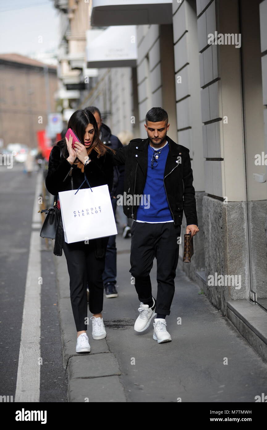 Milan, Lorenzo Insigne shopping in the center with his wife Genoveffa Lorenzo  Insigne striker of Naples and the Italian National team, after playing last  night at the San Siro against Inter, remained