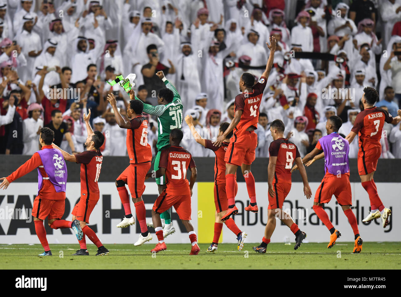 Saudi Arabia's Al Hilal soccer team players celebrate their trophy of the  AFC Champions League 2021 after the team beats South Korea's Pohang  Steelers 2-0 during their final soccermatch at the King