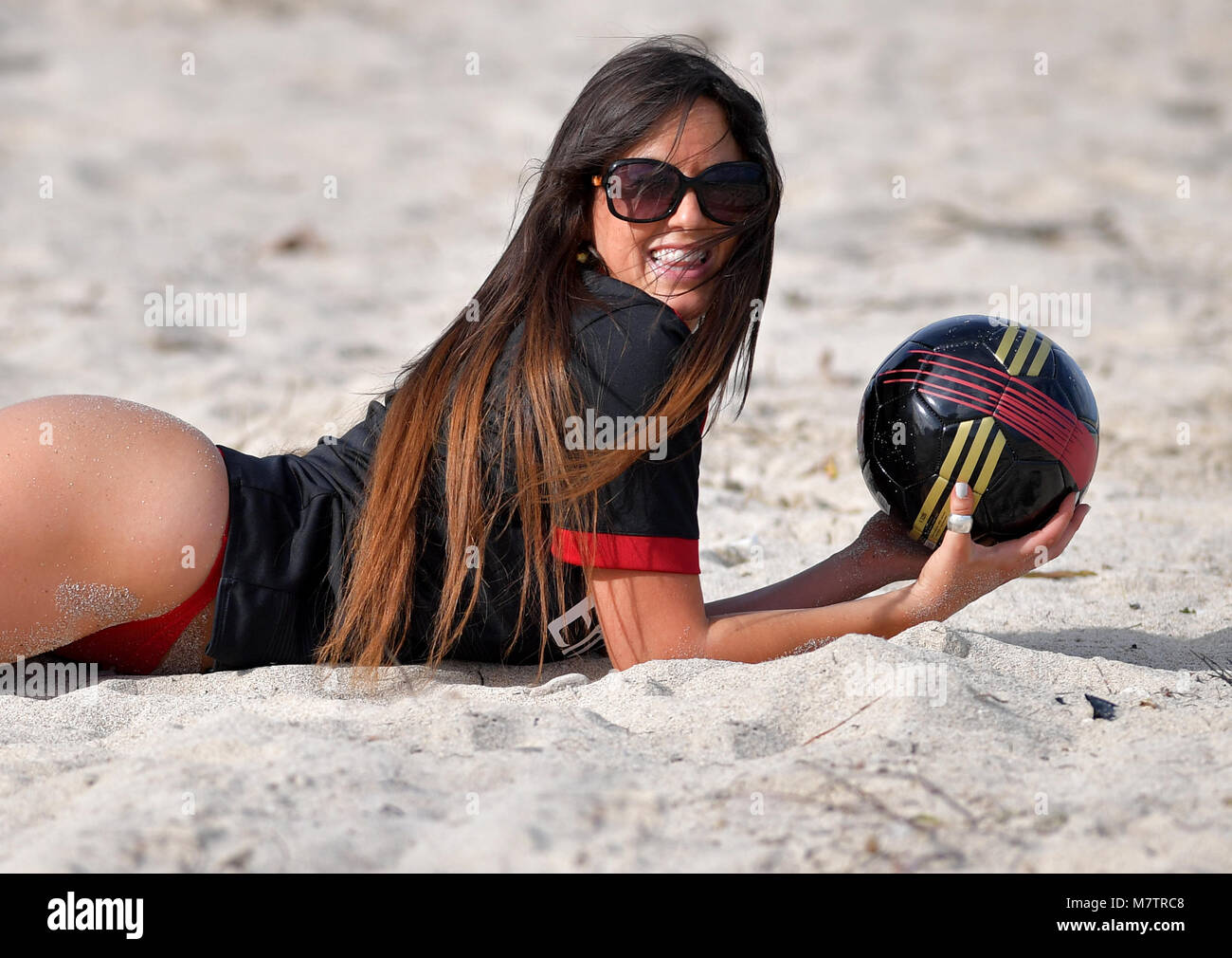 MIAMI, FL - MARCH 12:. Claudia Romani seen wearing a  Fly Emirates, Real Madrid Football Club jersey in Miami Florida on March 12, 2018.  Credit: Hoo-Me.com / MediaPunch  Transmission Ref:  FLXX Stock Photo