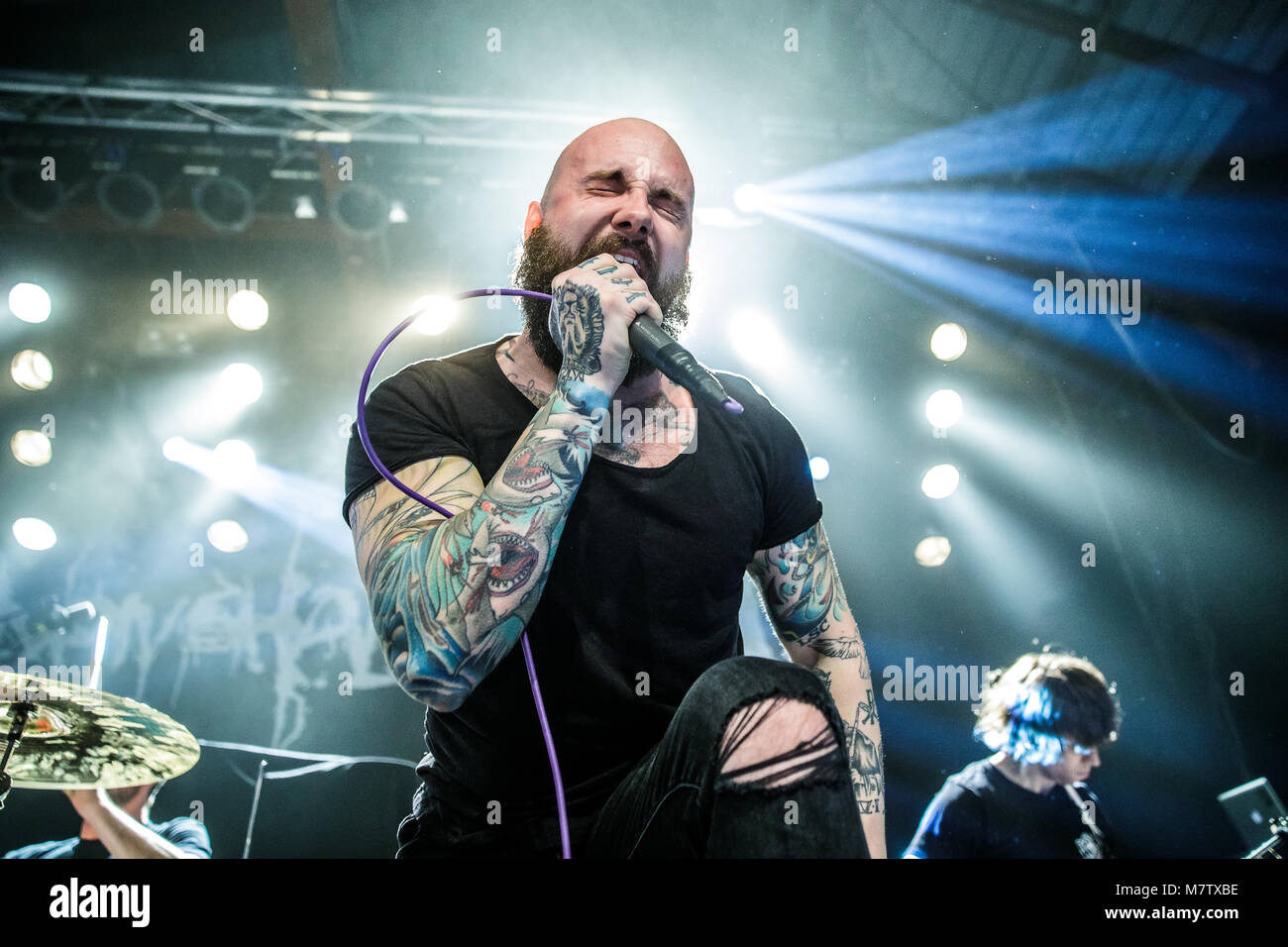 Denmark, Copenhagen - March 12, 2018. The American Christian band August Burns Red performs a live concert at Pumpehuset in Copenhagen. Here vocalist Jake Luhrs is seen on stage.