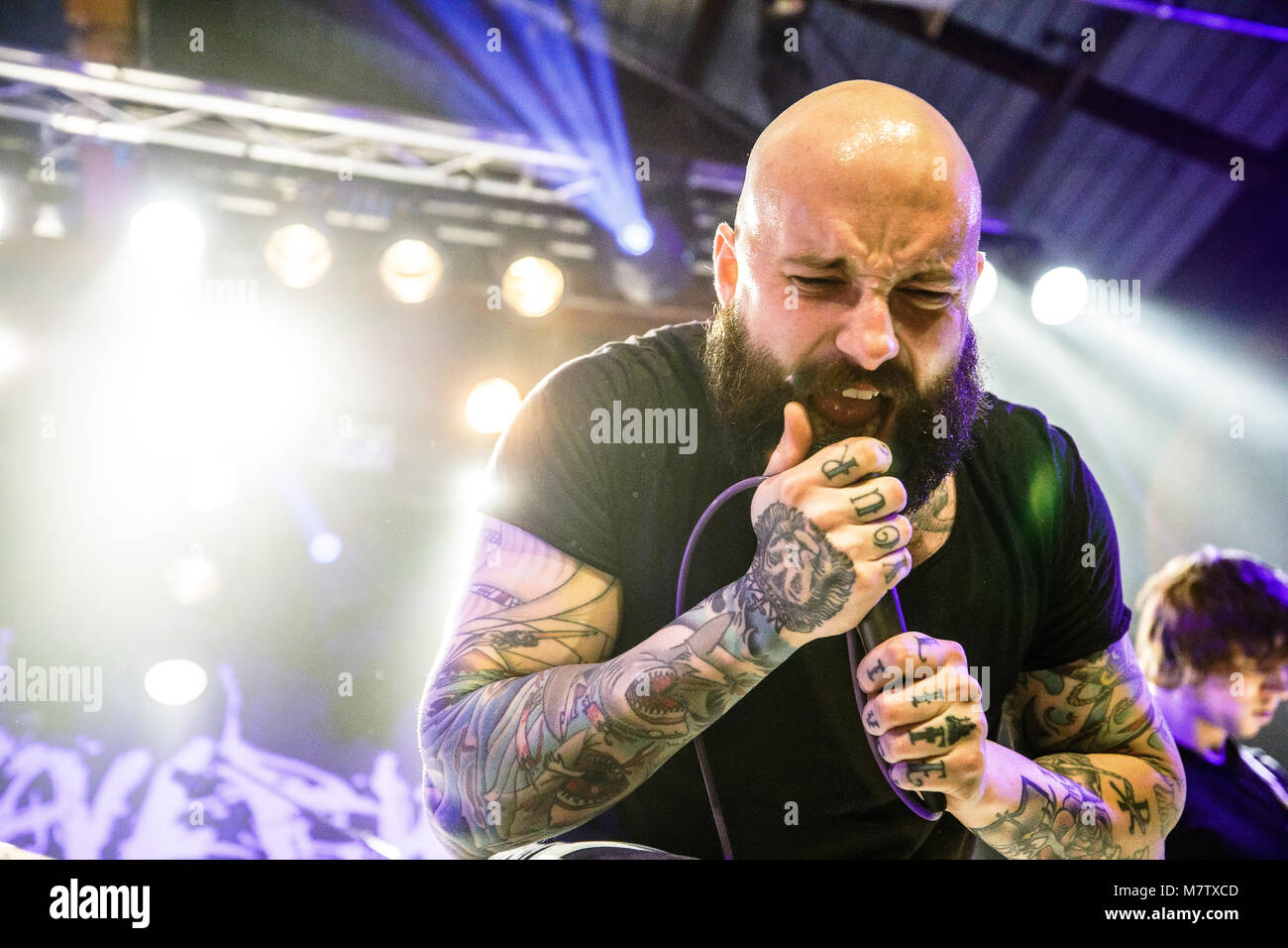 Denmark, Copenhagen - March 12, 2018. The American Christian band August Burns Red performs a live concert at Pumpehuset in Copenhagen. Here vocalist Jake Luhrs is seen on stage.