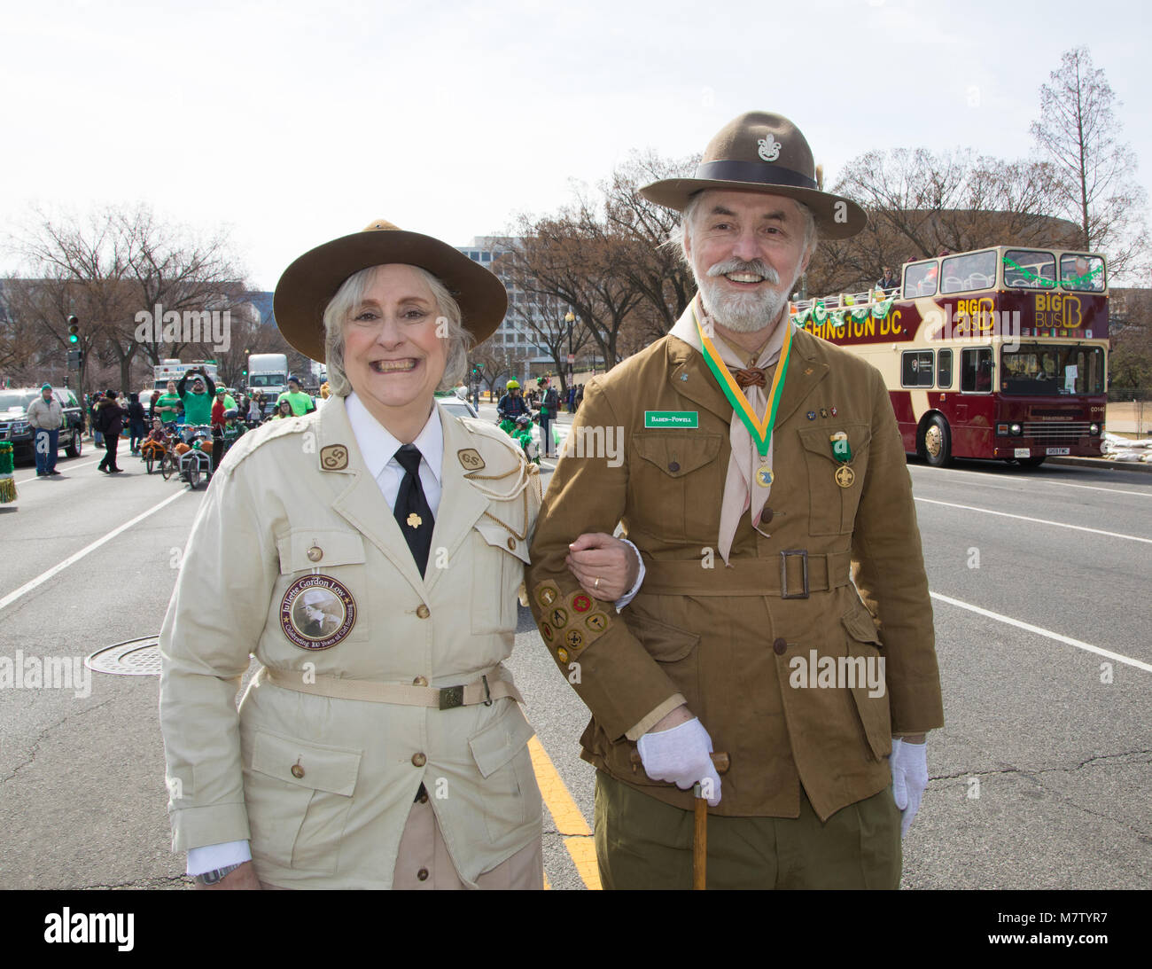 Susan Ducey and scout historian Peter Bielak are dressed as Girl Scouts