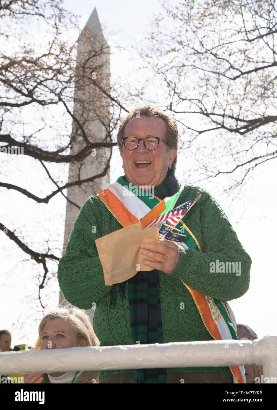 Parade Grand Marshal Pat Collins waves from the review stand at the 48th Annual St. Patrick's Parade of Washington, D.C. on Sunday, March 11, 2018. (Photo by Jeff Malet) Photo via Newscom Stock Photo