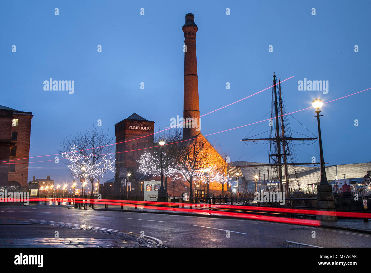 Pump house at Albert Dock; Liverpool; Merseyside. March 2018. UK Weather; Calm; damp; overcast start to the day. Continuous & persistent rain is expected in the north-west with prospects of brighter conditions later in the day. Stock Photo