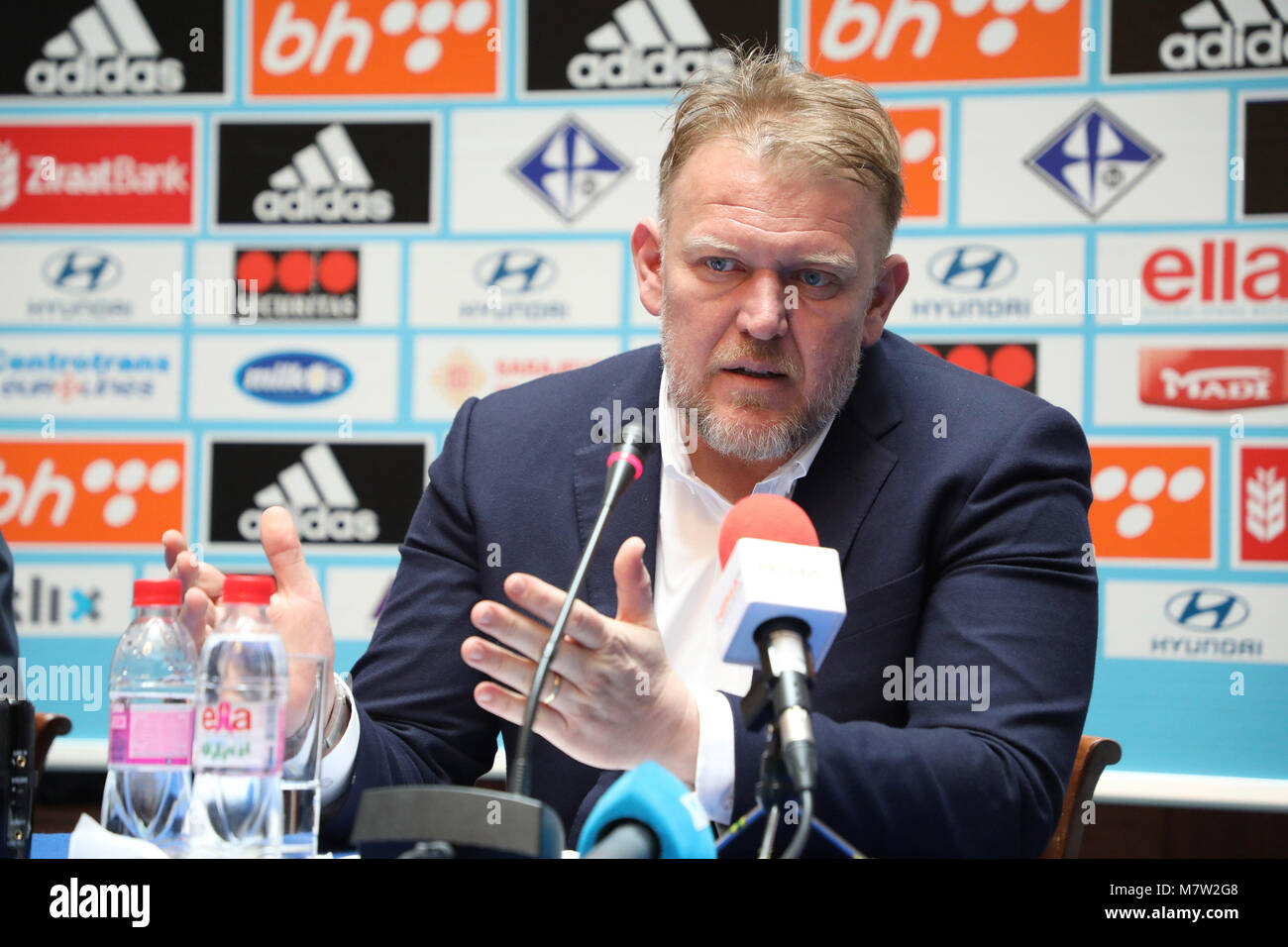 (180313) -- SARAJEVO, March 13, 2018 (Xinhua) -- Head coach of the national football team of Bosnia and Herzegovina (BiH) Robert Prosinecki attends a press conference in Sarajevo, BiH, on March 13, 2018. Prosinecki officially announced on Tuesday the names of players for the friendly matches against Bulgaria in Razgrad on March 23 and against Senegal in Le Havre on March 27. (Xinhua/Haris Memija) Stock Photo