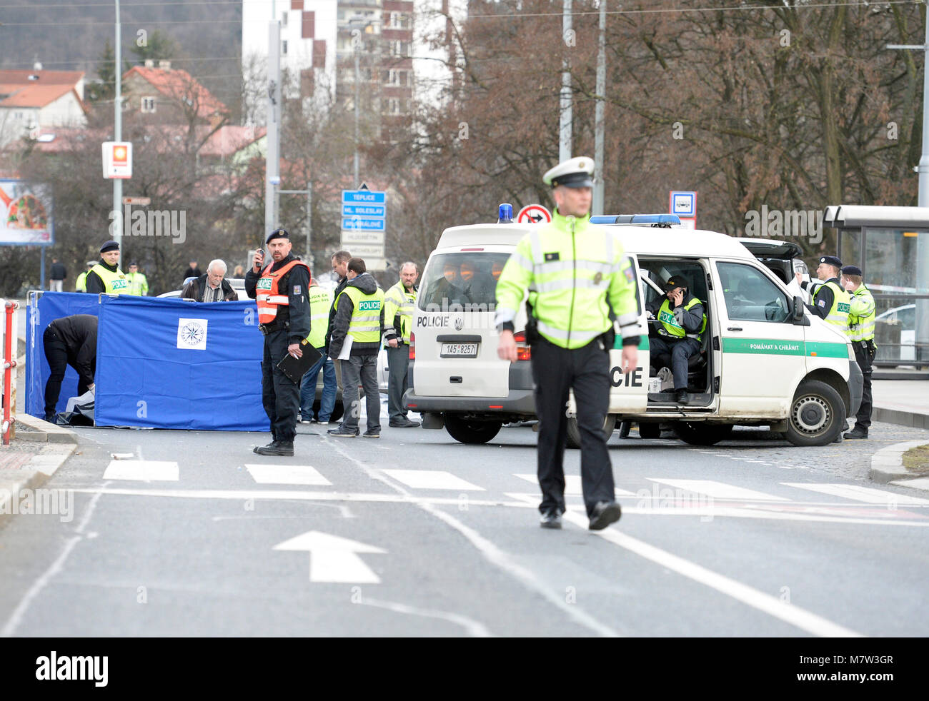 A car knocked down four pedestrians, two of whom, a man and a woman, died, and another two women suffered injuries, in Prague-Hostivar, Czech Republic, on March 13, 2018. (CTK Photo/Katerina Sulova) Stock Photo