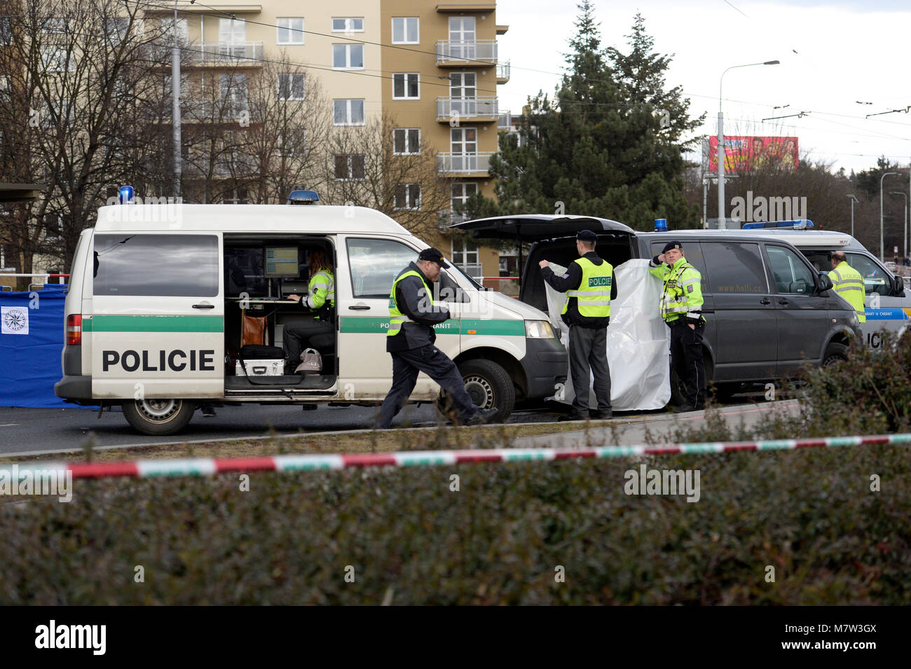 A car knocked down four pedestrians, two of whom, a man and a woman, died, and another two women suffered injuries, in Prague-Hostivar, Czech Republic, on March 13, 2018. (CTK Photo/Katerina Sulova) Stock Photo