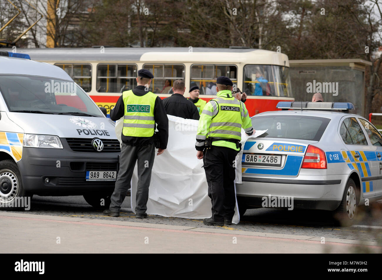 A car knocked down four pedestrians, two of whom, a man and a woman, died, and another two women suffered injuries, in Prague-Hostivar, Czech Republic, on March 13, 2018. (CTK Photo/Katerina Sulova) Stock Photo