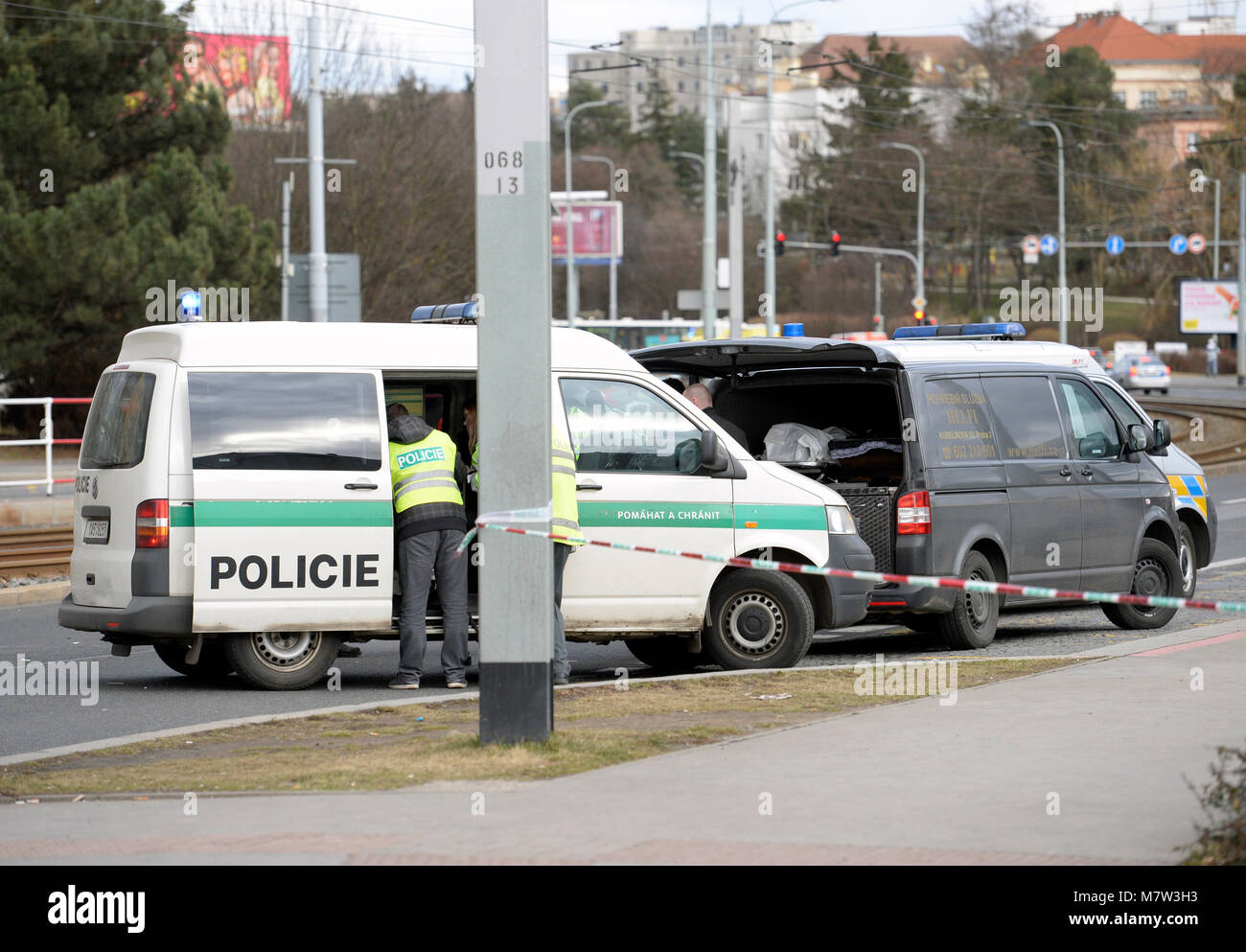 A car knocked down four pedestrians, two of whom, a man and a woman, died, and another two women suffered injuries, in Prague-Hostivar, Czech Republic, on March 13, 2018. (CTK Photo/Katerina Sulova) Stock Photo