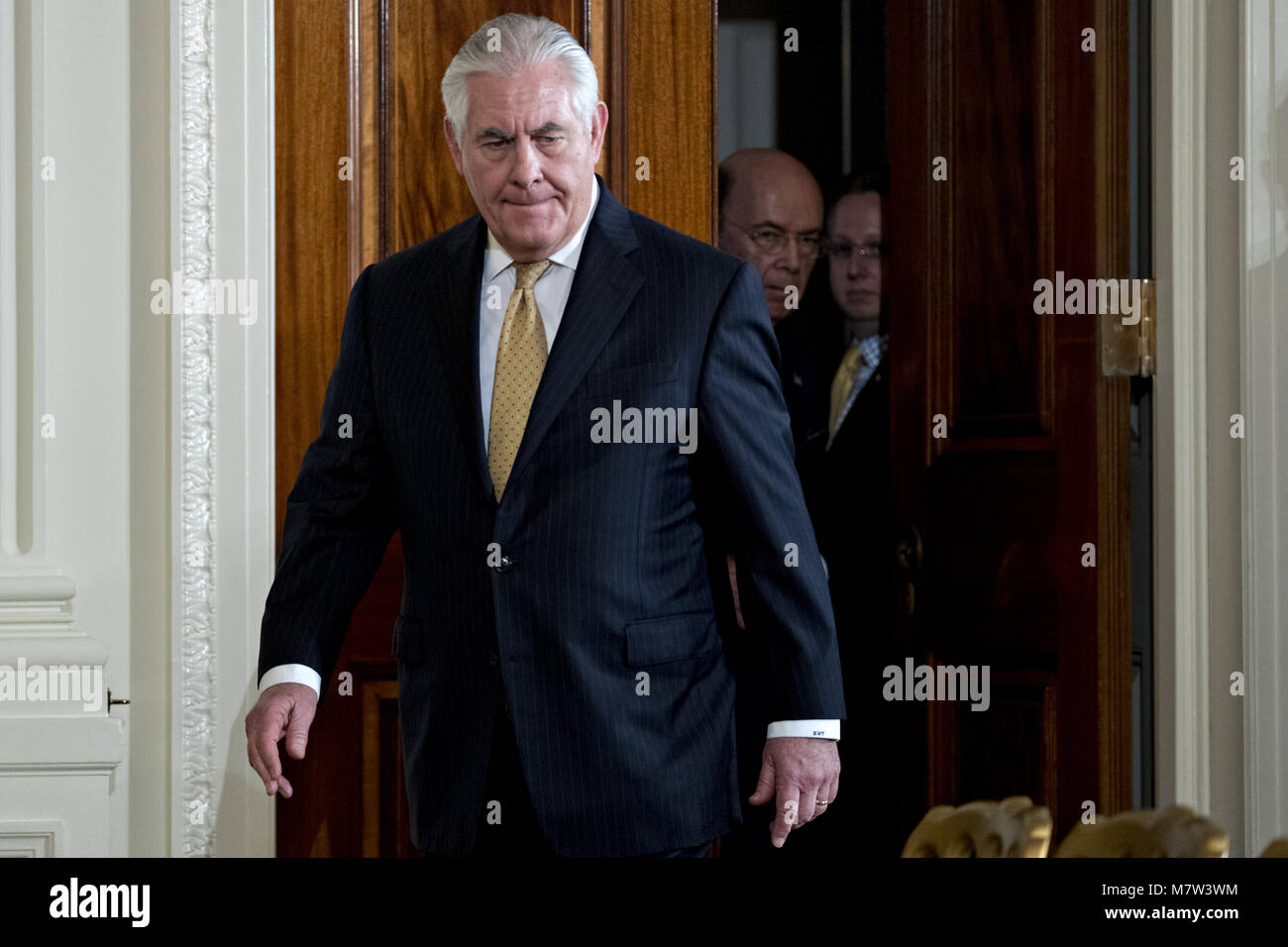 March 13, 2018 - Washington DC, U.S. - (FILE) After 14 months of private tensions and public disputes, President Trump ousted his beleagured secretary of State, replacing Rex Tillerson with CIA Director Pompeo in a major shake-up of his national security and foreign policy team. Pictured: March 6, 2018 - Washington, District of Columbia, U.S. - Rex Tillerson, U.S. secretary of State, arrives to a news conference with U.S. President Trump and S Lofven, Sweden's prime minister, in the East Room of the White House. (Credit Image: © Andrew Harrer/CNP via ZUMA Wire) Stock Photo