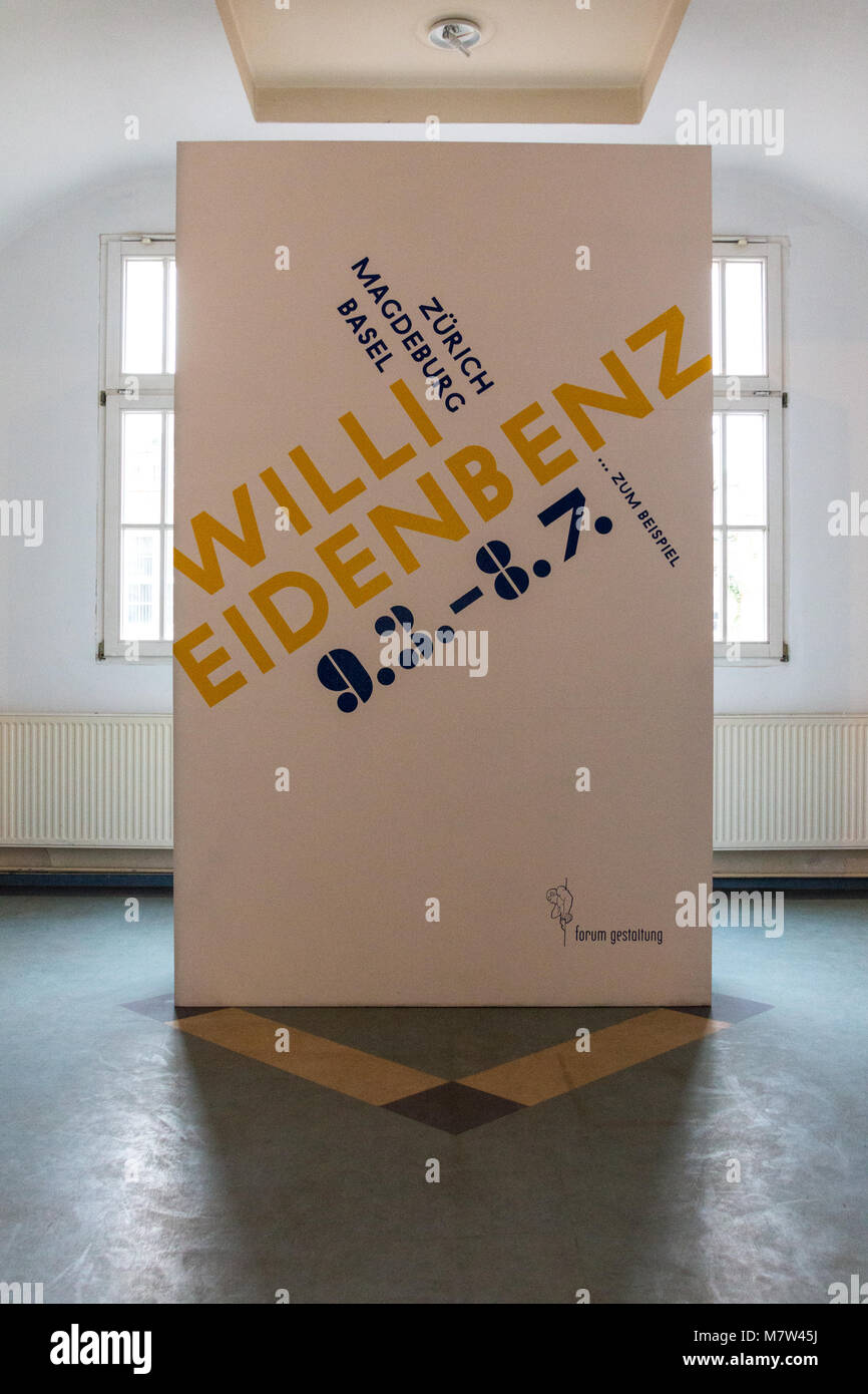 Magdeburg, Germany - 13 March 2018: Official poster of the art exhibition 'Willi Eidenbenz - Zurich, Magdeburg, Basel' in the Design Forum in Magdeburg, Germany. Credit: Mattis Kaminer/Alamy Live News Stock Photo