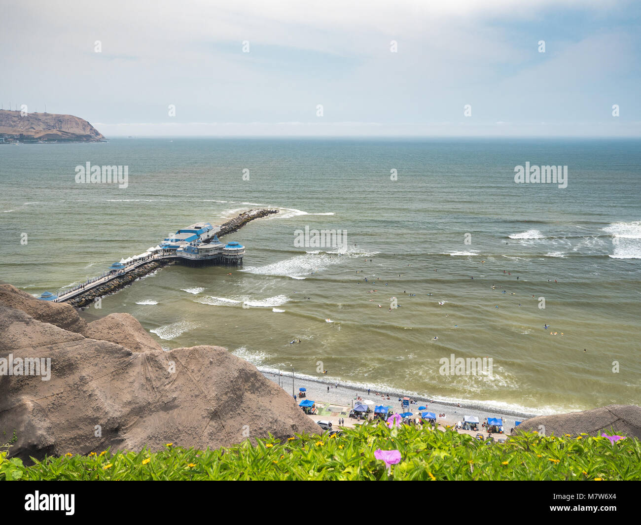 View of the Lima beaches and the surfers in the water Stock Photo