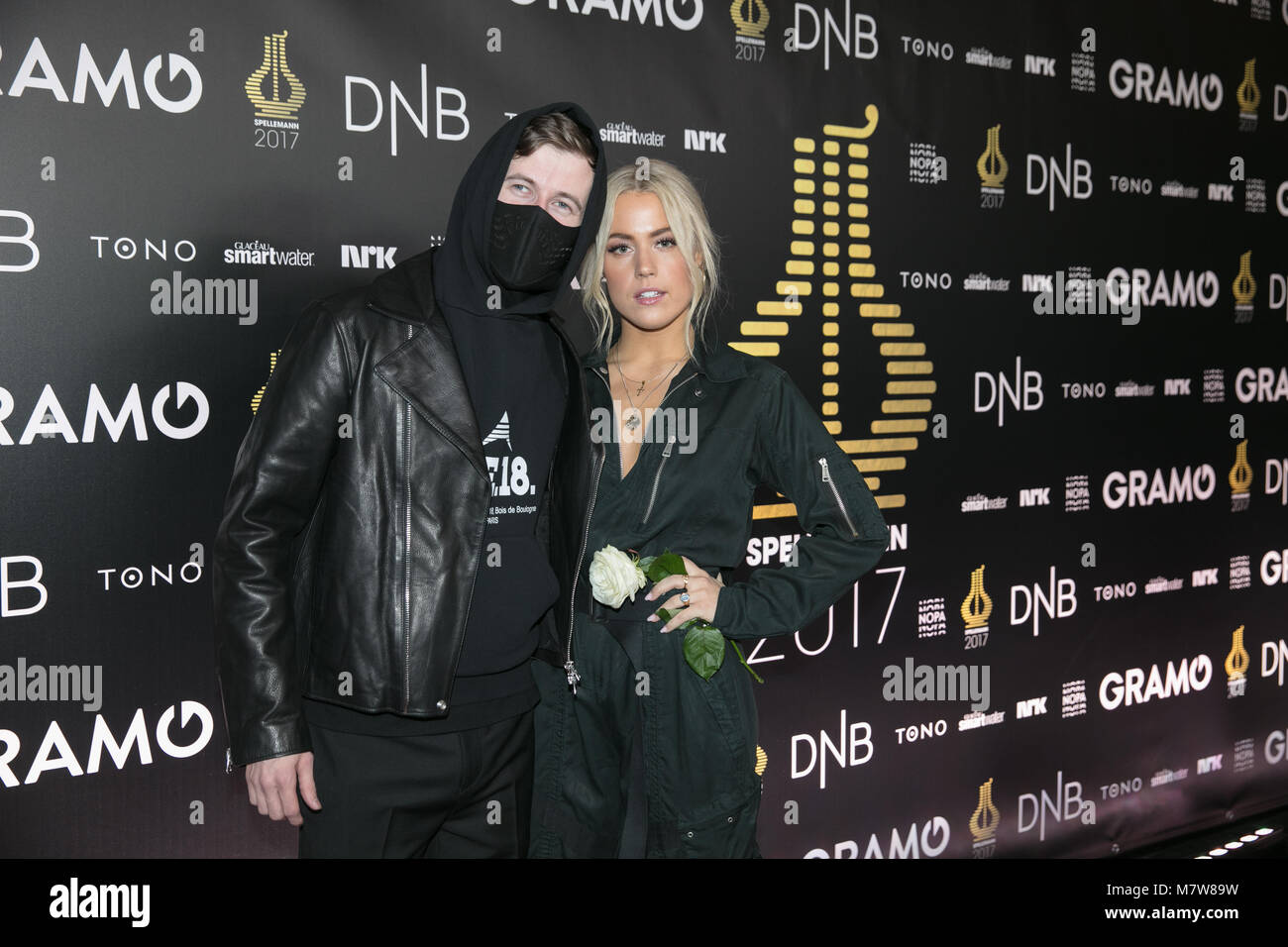 Norway, Oslo - February 25, 2018. The Norwegian record producer Alan Walker  and singer Julie Bergan are seen at the red carpet at the Norwegian Grammy  Awards, Spellemannprisen 2017, in Oslo. (Photo