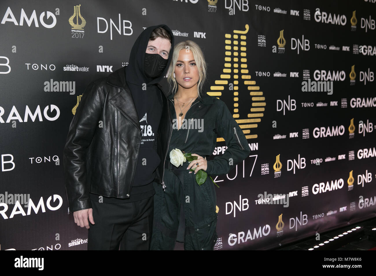 Norway, Oslo - February 25, 2018. The Norwegian record producer Alan Walker and singer Julie Bergan are seen at the red carpet at the Norwegian Grammy Awards, Spellemannprisen 2017, in Oslo. (Photo credit: Gonzales Photo - Stian S. Moller). Stock Photo
