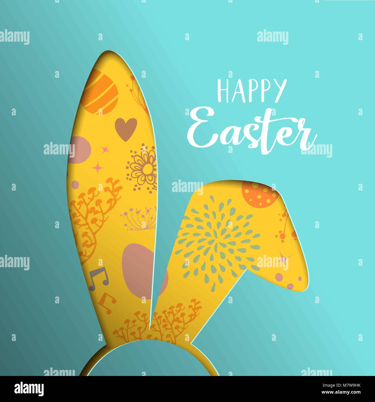 Happy Easter greeting illustration. Paper cut bunny ears cutout with colorful hand drawn holiday eggs and spring flower doodles. EPS10 vector. Stock Vector