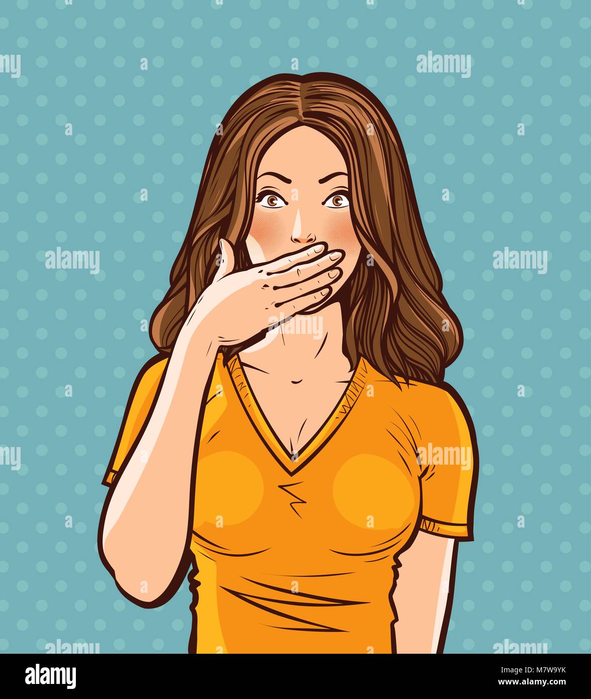 Beautiful girl with hand closed mouth. Pop art retro comic style. Cartoon vector illustration Stock Vector