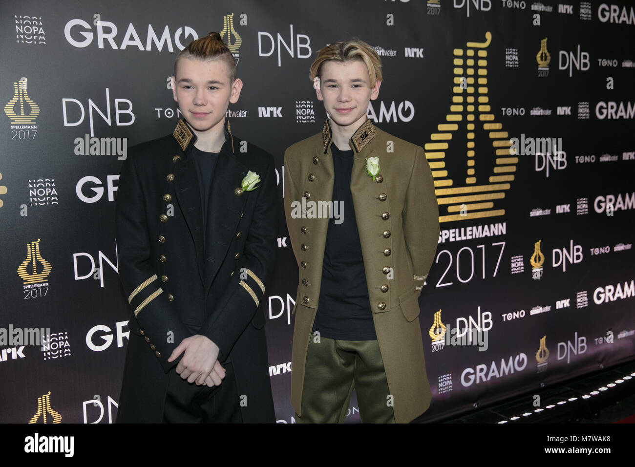 Norway, Oslo - February 25, 2018. The Norwegian pop duo Marcus & Martinus at the red carpet at the Norwegian Grammy Awards, Spellemannprisen 2017, in Oslo. (Photo credit: Gonzales Photo - Stian S. Moller). Stock Photo