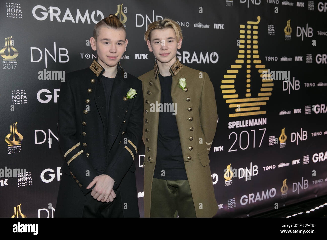 Norway, Oslo - February 25, 2018. The Norwegian pop duo Marcus & Martinus at the red carpet at the Norwegian Grammy Awards, Spellemannprisen 2017, in Oslo. (Photo credit: Gonzales Photo - Stian S. Moller). Stock Photo