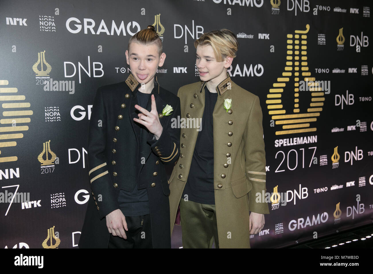 Norway, Oslo - February 25, 2018. The Norwegian pop duo Marcus & Martinus at the red carpet at the Norwegian Grammy Awards, Spellemannprisen 2017, in Oslo. (Photo credit: Gonzales Photo - Stian S. Moller). Stock Photo