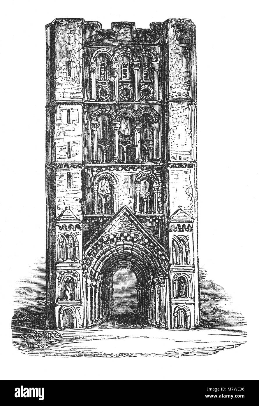 The Norman Gateway of The Abbey, as it was in Saxon times. It was the entrance to one of the richest Benedictine monasteries in England, until the Dissolution of the monasteries in 1539. It was the burial place of the Anglo-Saxon martyr-king Saint Edmund, killed by the Great Heathen Army of Danes in 869 and became a centre of pilgrimage, Suffolk, England Stock Photo