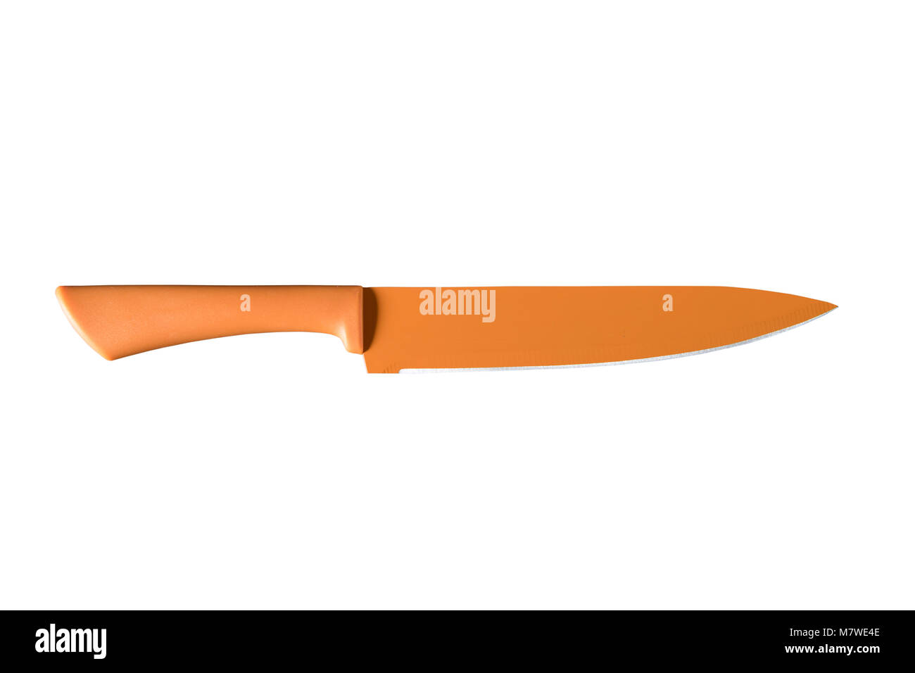 Big orange kitchen knife isolated on white background. Path saved, clipping path. Kitchen accessory. Stock Photo