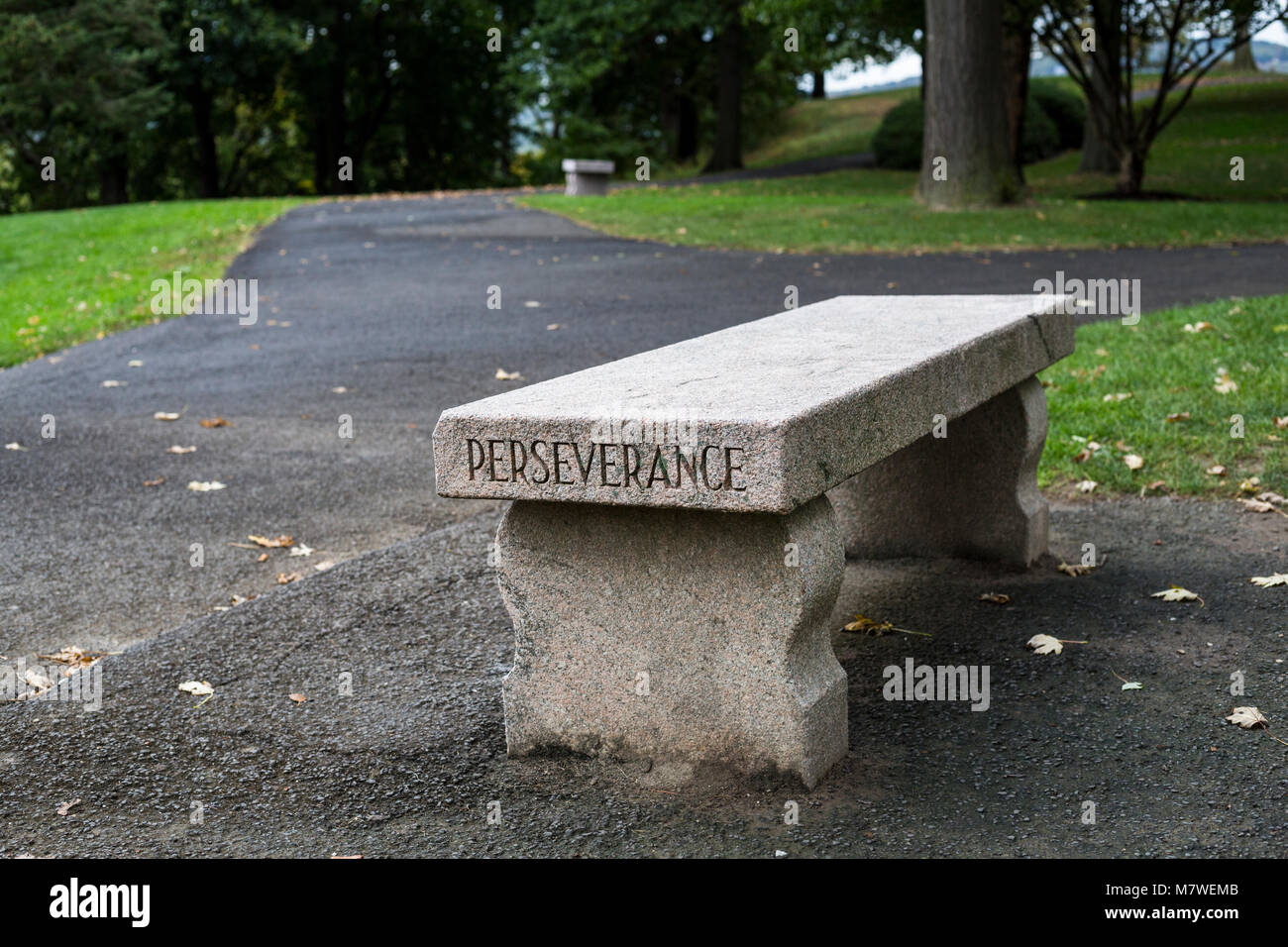 New York, USA.  Bench Inscription at Trophy Point, West Point Military Academy:  Perseverance. Stock Photo
