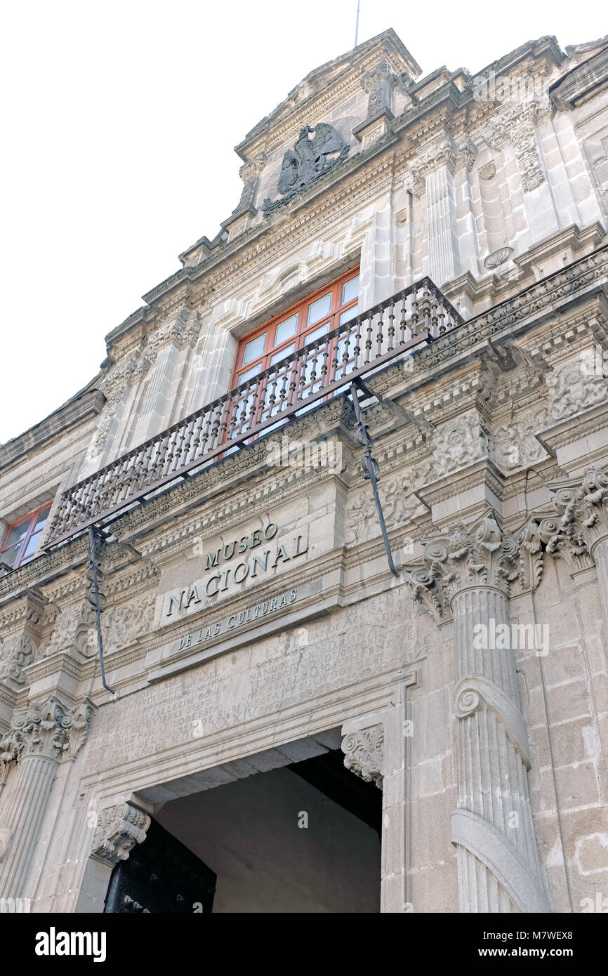 The historic facade at the entrance to the Museo Nacional de las Culturas in Mexico City, Mexico. Stock Photo