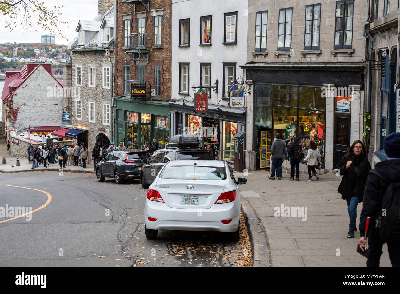 Quebec, Canada.  Street Scene, Cote de la Montagne, Connecting Lower Town and Upper Town. Stock Photo