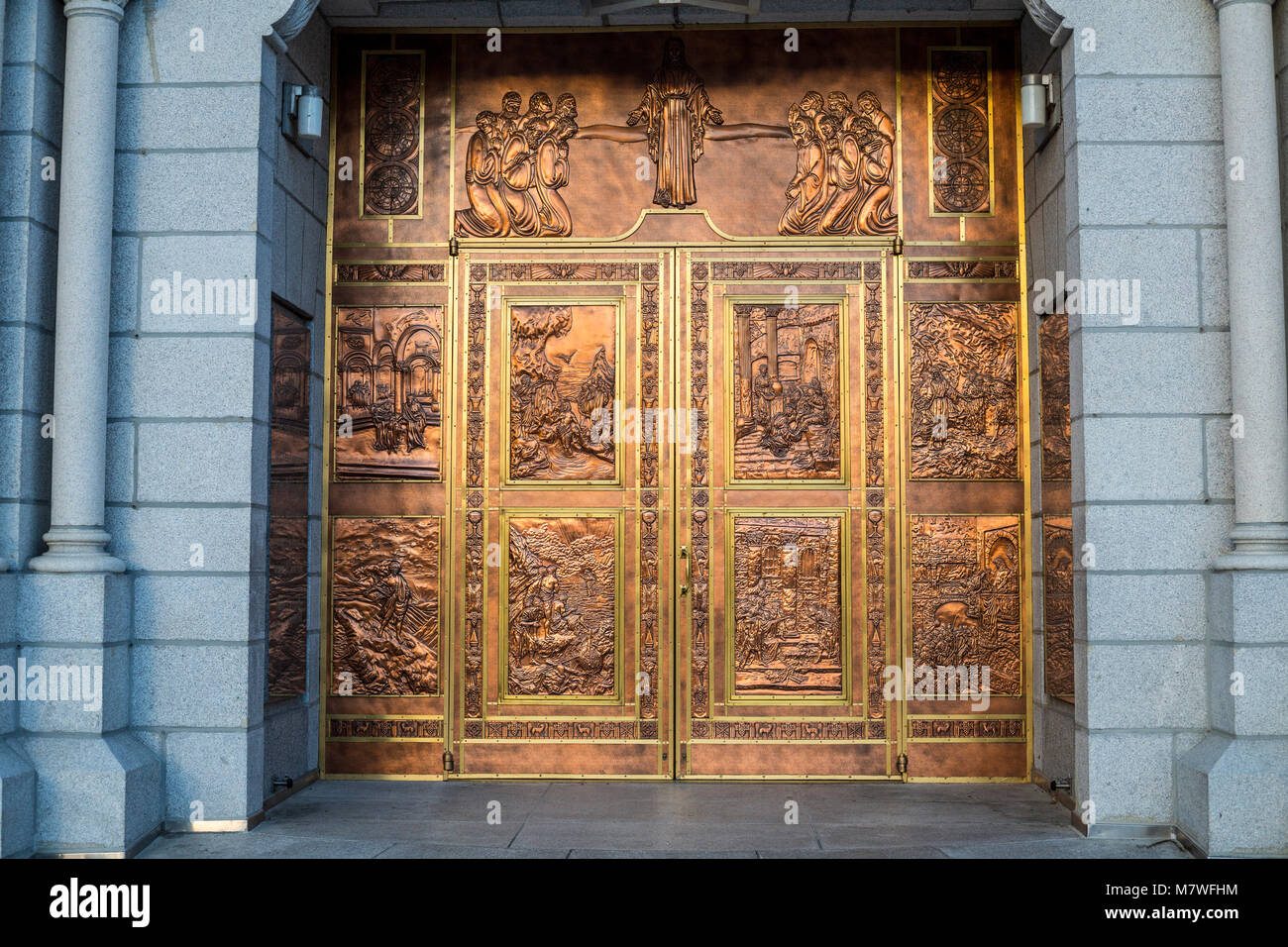 Basilica of St. Anne de Beaupre, Quebec, Canada.  Copper Doors Created by Albert Gilles. Stock Photo